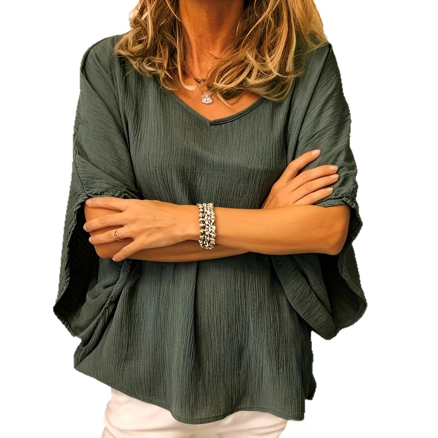 Blouse Fluide à Texture Gaufrée et Manches Chauve-Souris