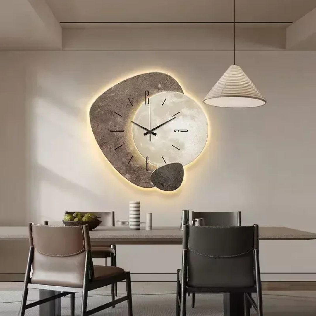 Backlit stone wall clock in a modern dining room
