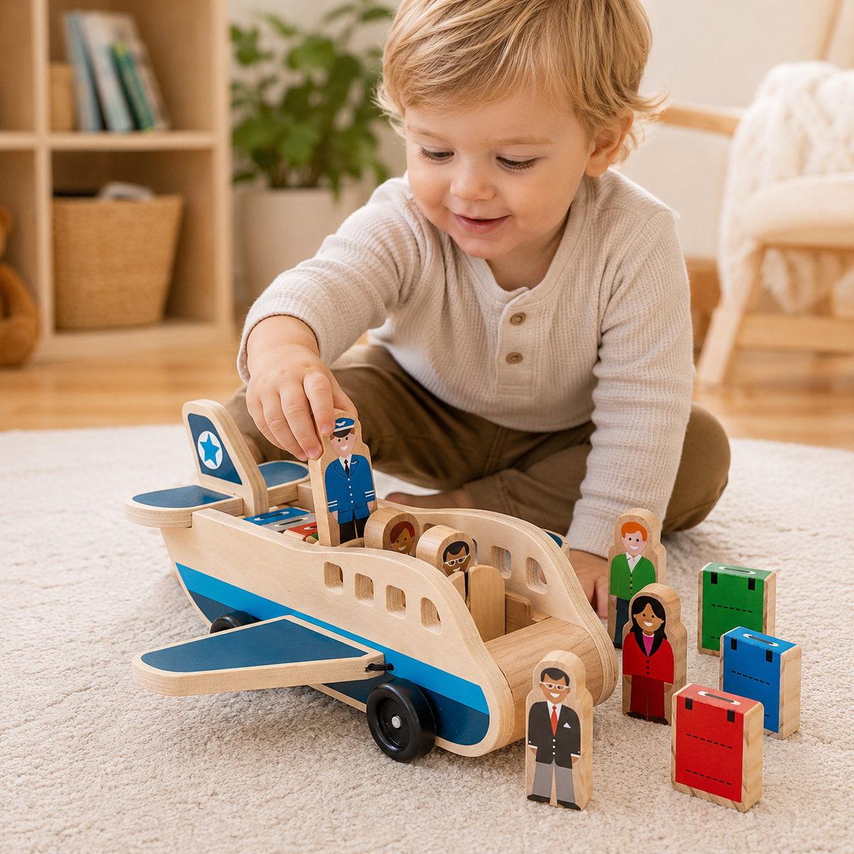 Toddler playing with a wooden toy airplane