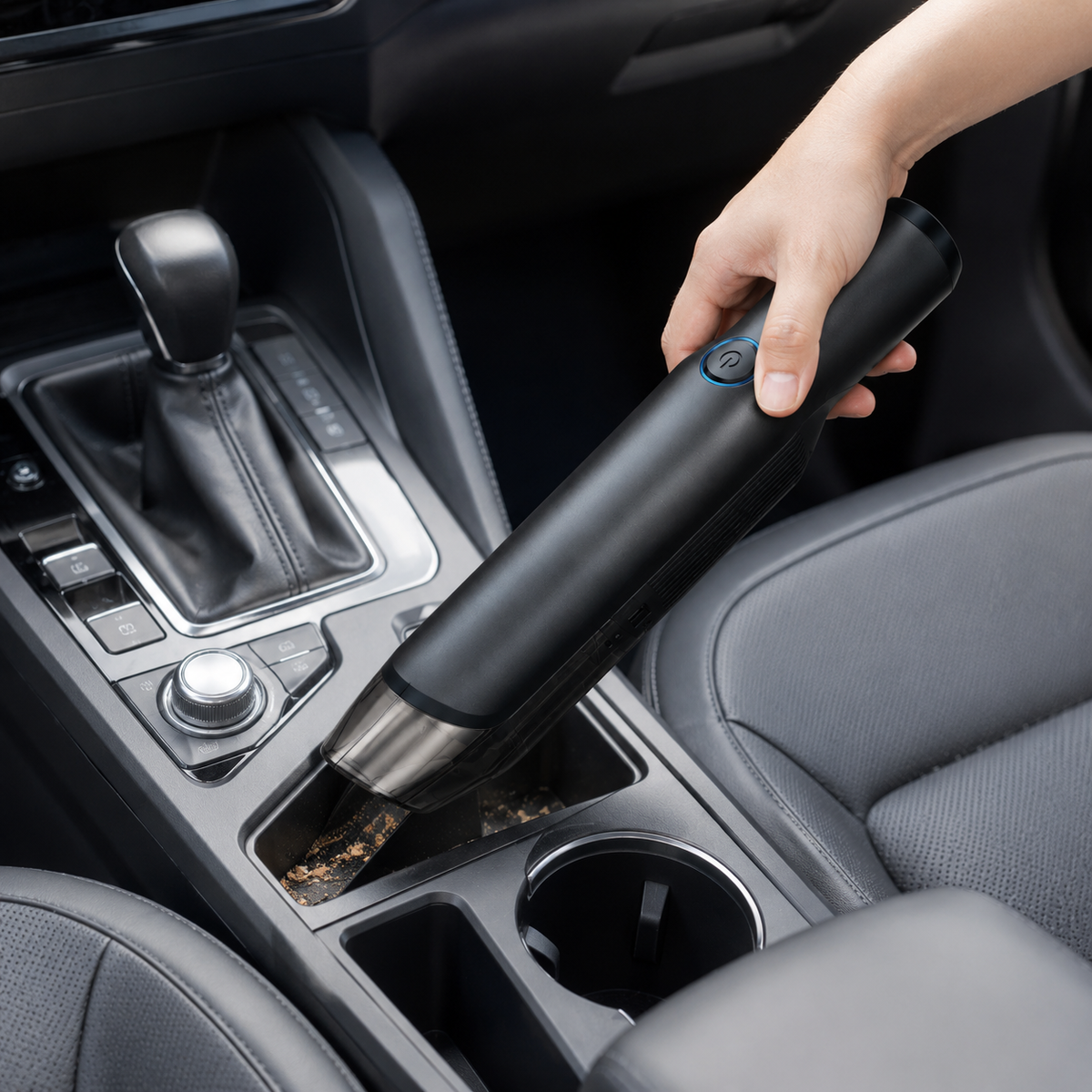 Handheld vacuum cleaning a car's centre console