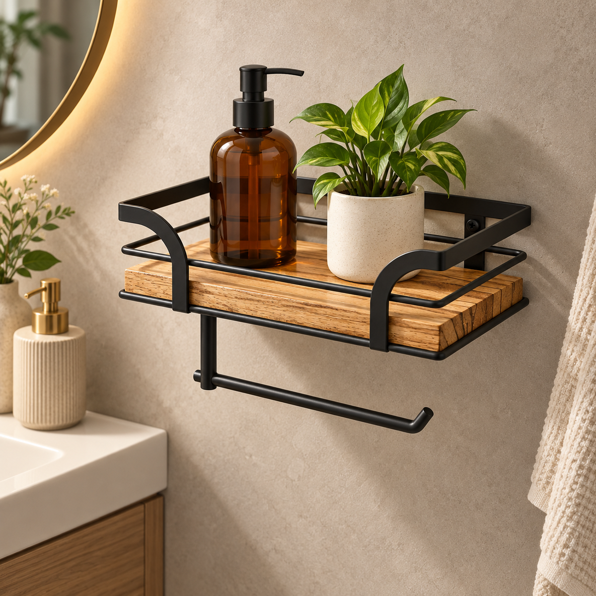 Wall shelf with soap bottle and plant in a warm bathroom