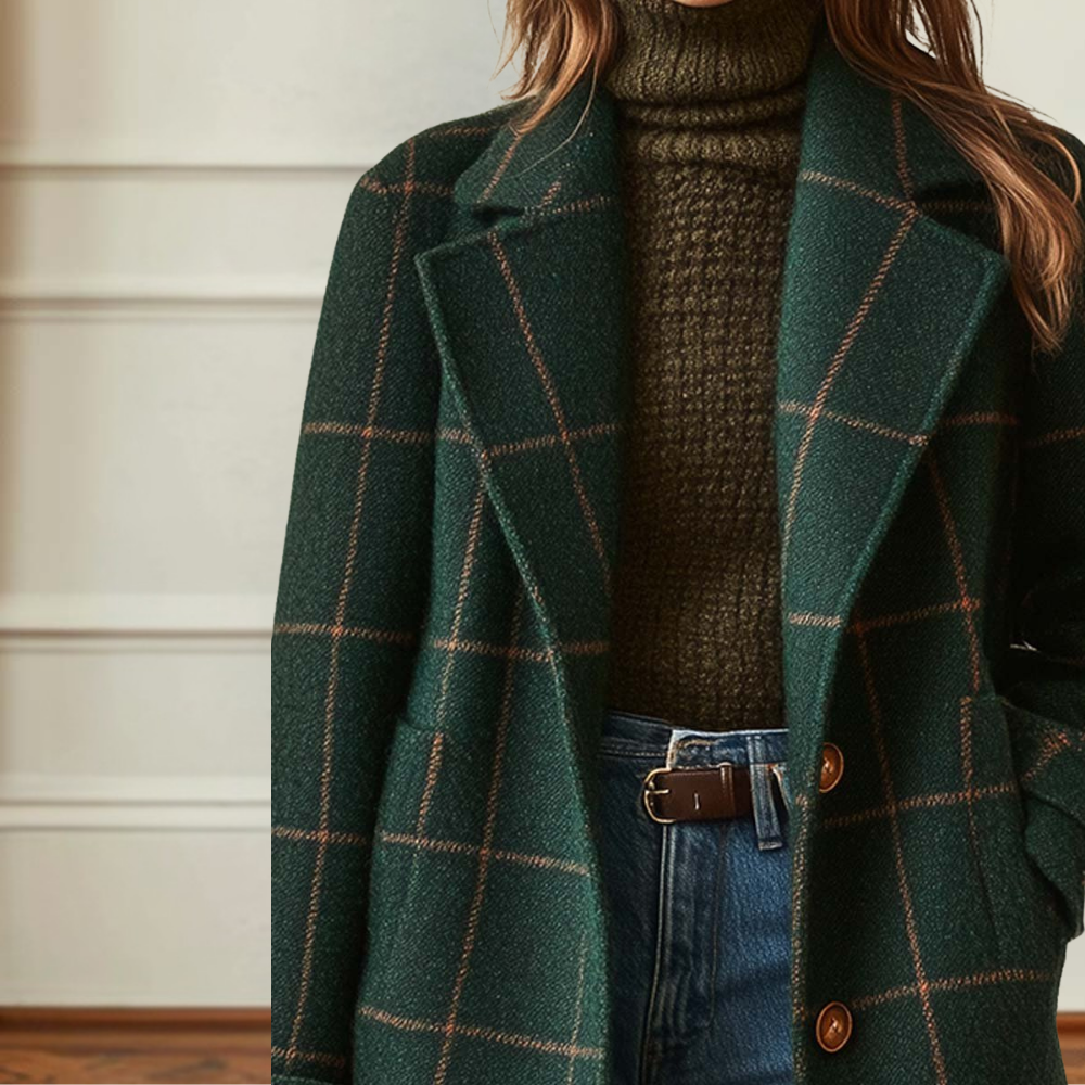 Woman in a green checked wool coat