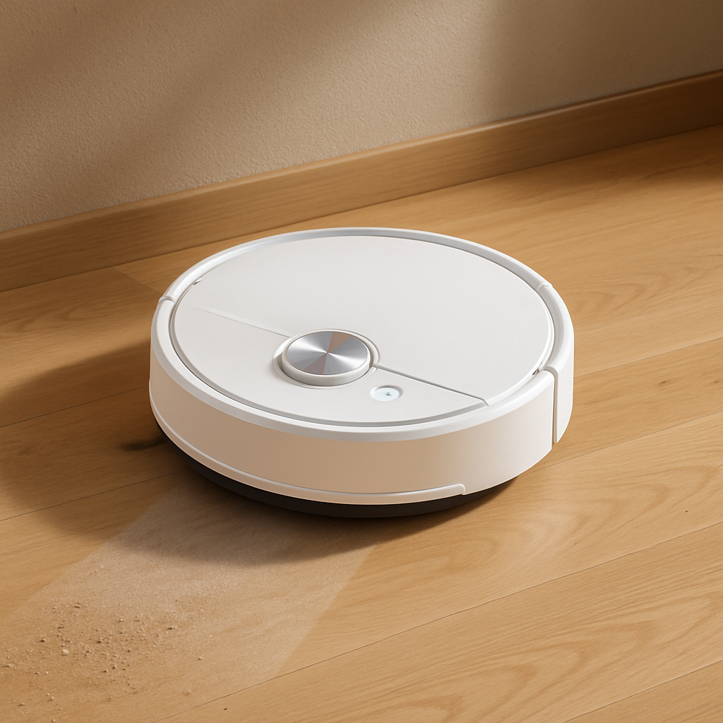 Robot vacuum on a wooden floor