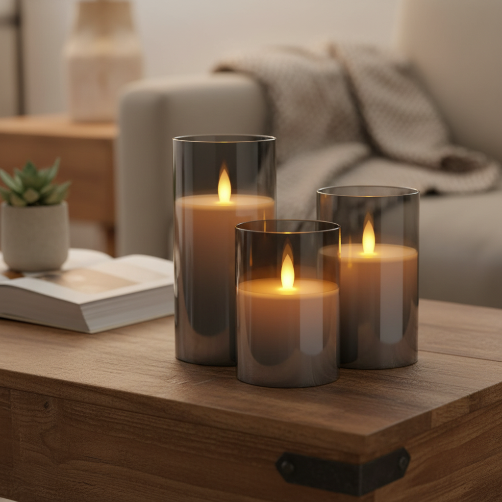 Flameless LED candles on a living room table