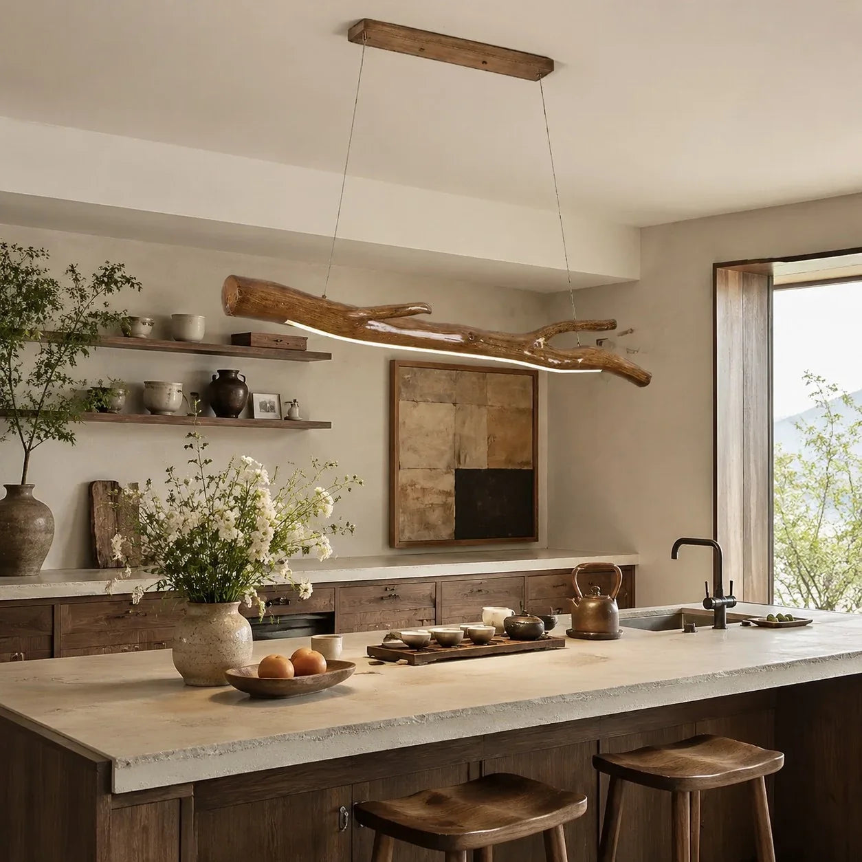 Wabi-Sabi Natural Wood Linear Pendant Light for Dining Rooms and Tea Spaces | Esilora