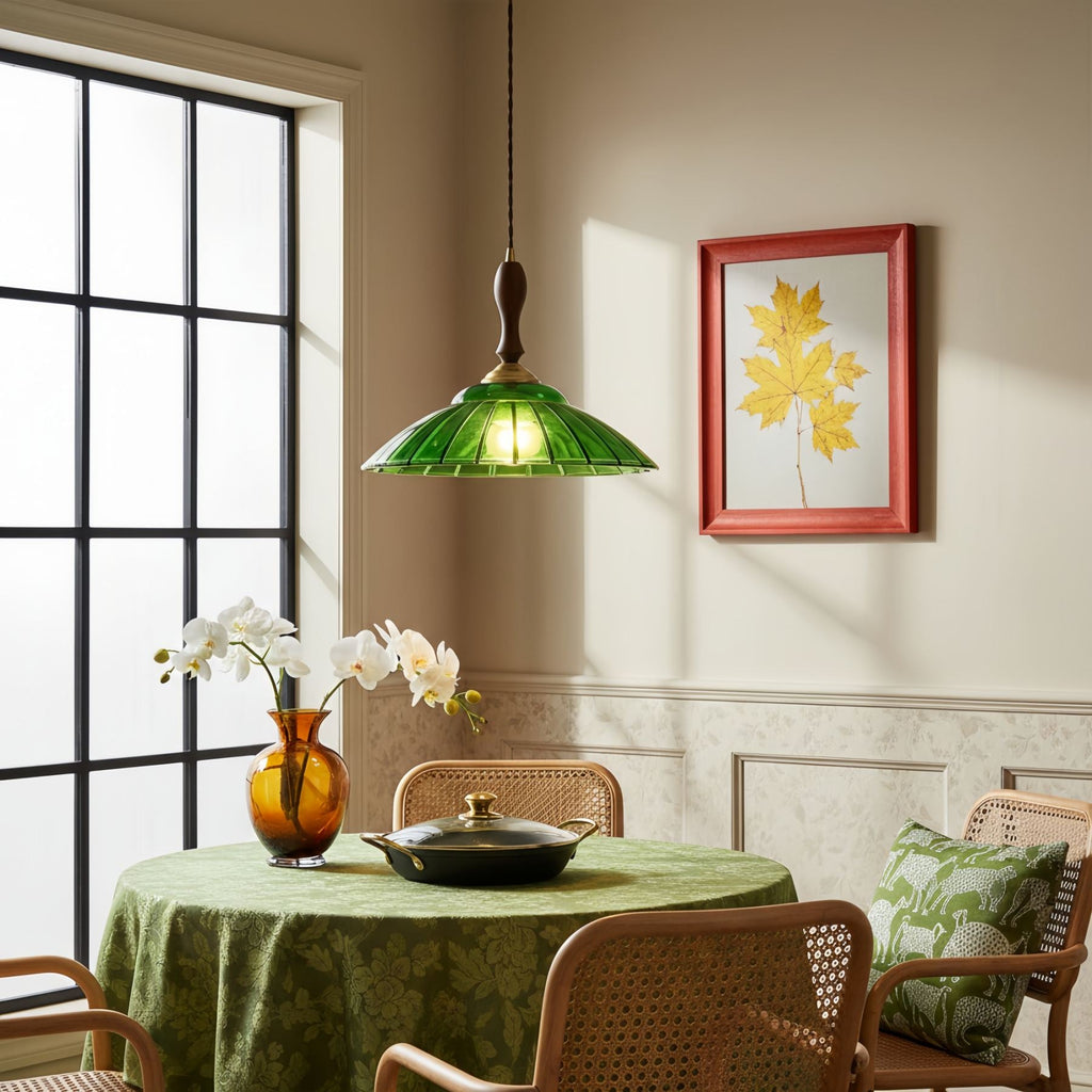 Elunaris Vintage Trumpet Shape Pendant Light with Green Glass Shade for Dining Room | Esilora
