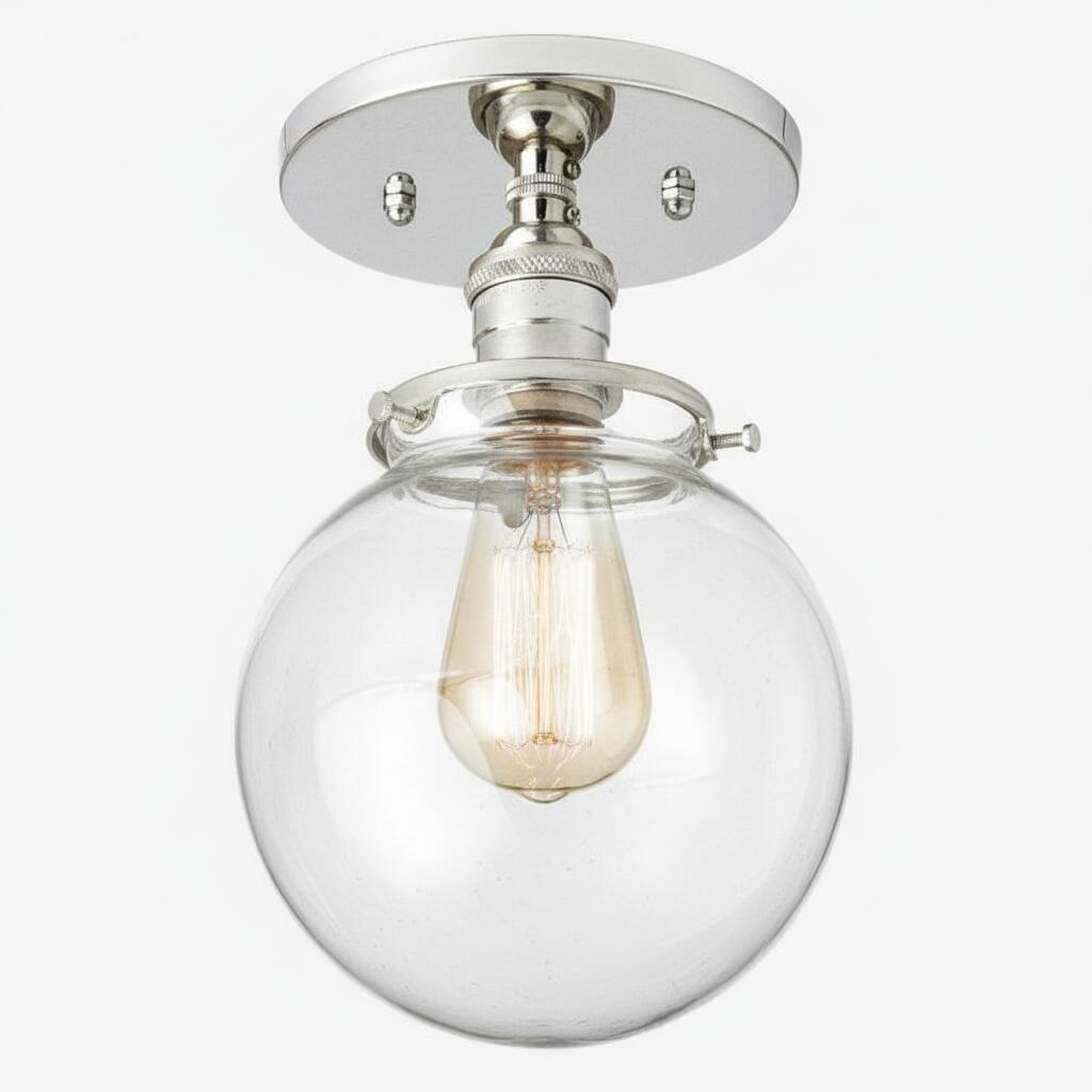 Glorica Glass Clear Globe – polopřisazené stropní svítidlo – moderní industriální styl do obývacího pokoje a jídelny | Esilora