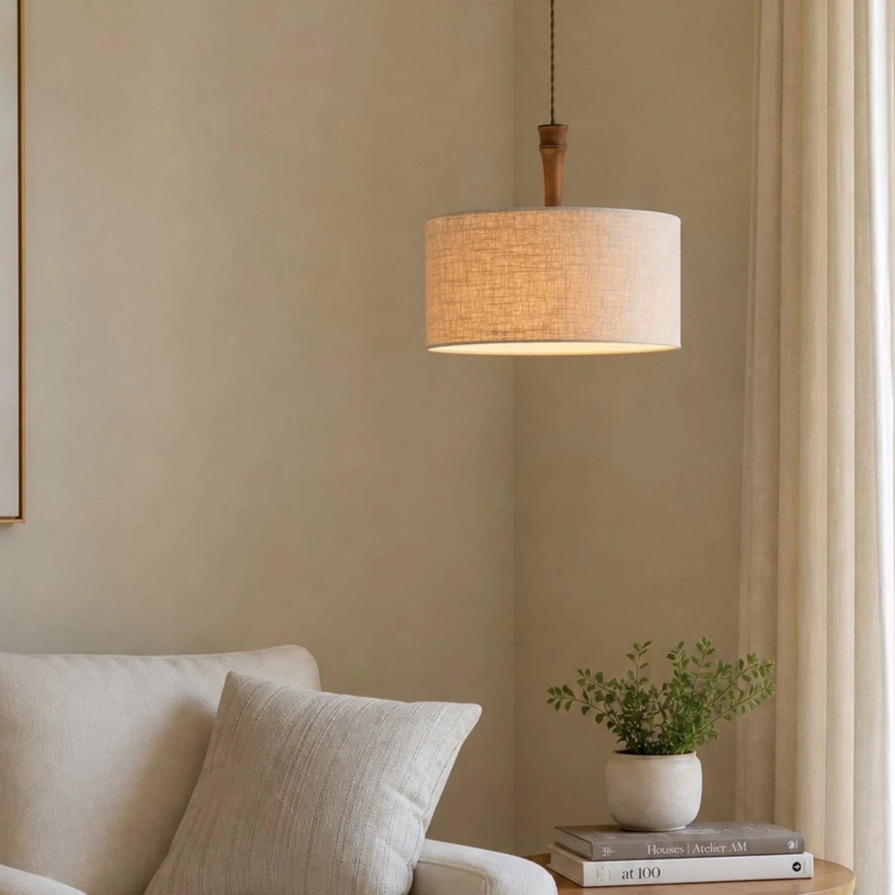 Natural Linen Drum Pendant Lamp | Esilora