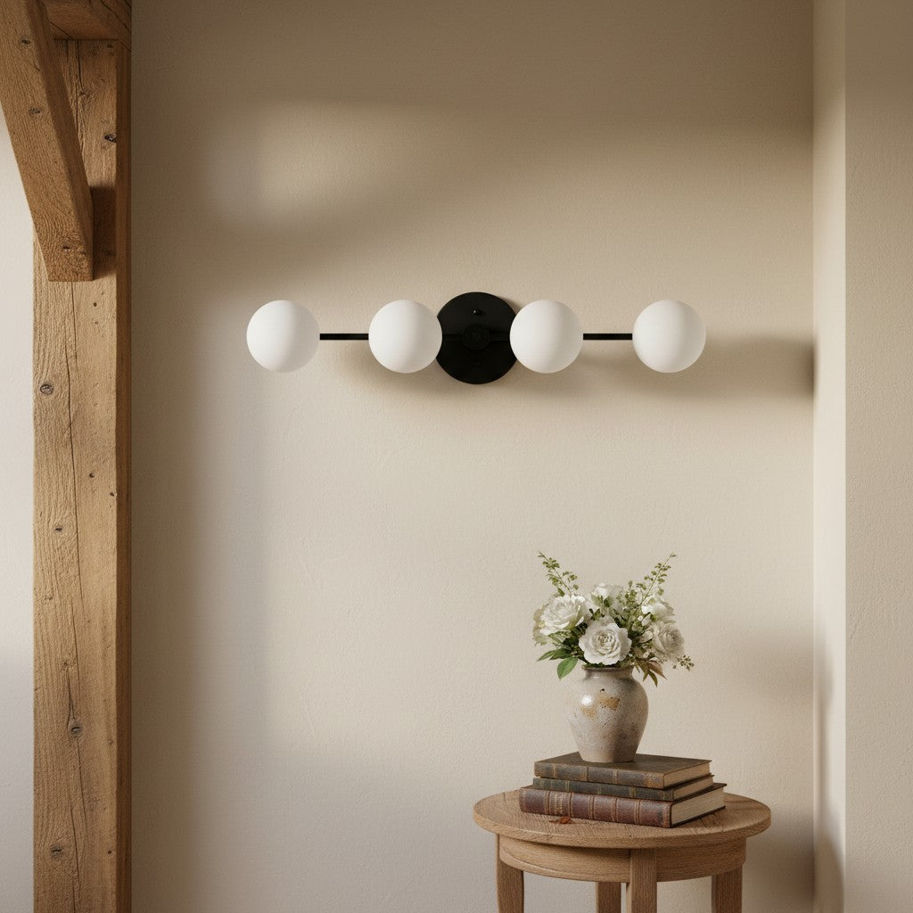Lampada da parete Glorica Glass in metallo minimalista con barra e globo per toeletta — Lampada a globo da parete per spogliatoio e bagno | Esilora
