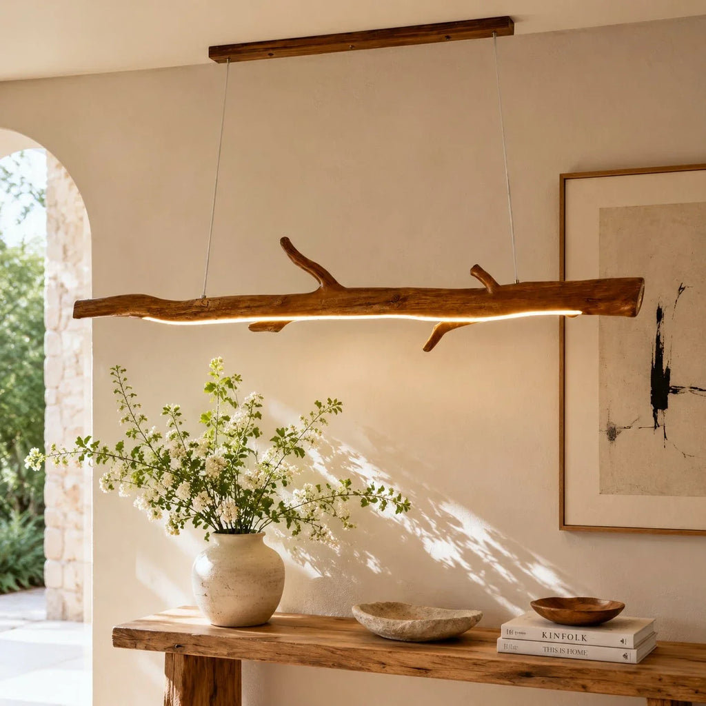 Wabi-Sabi Natural Wood Linear Pendant Light for Dining Rooms and Tea Spaces | Esilora