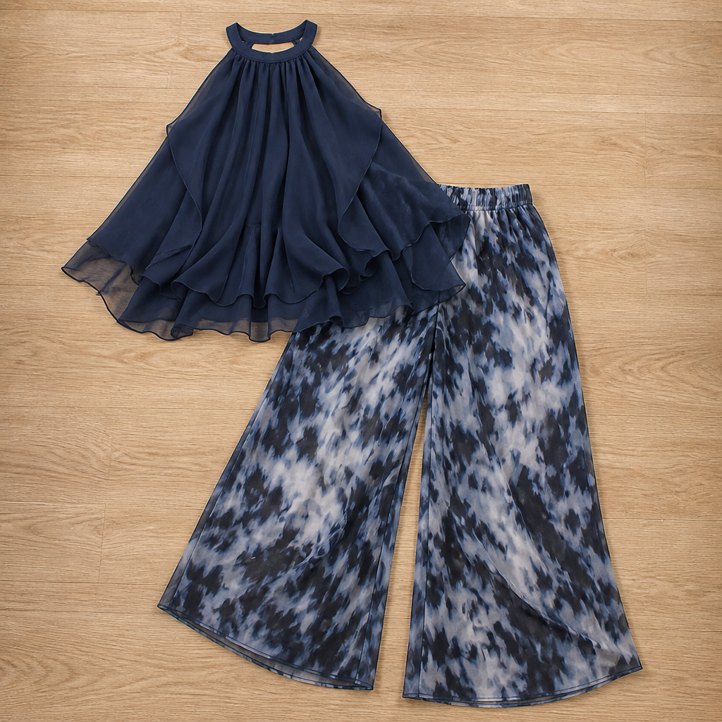 SolaraBreeze – Flowy Halter Ruffle Top & Wide-Leg Tie-Dye Pants Set - Esilora