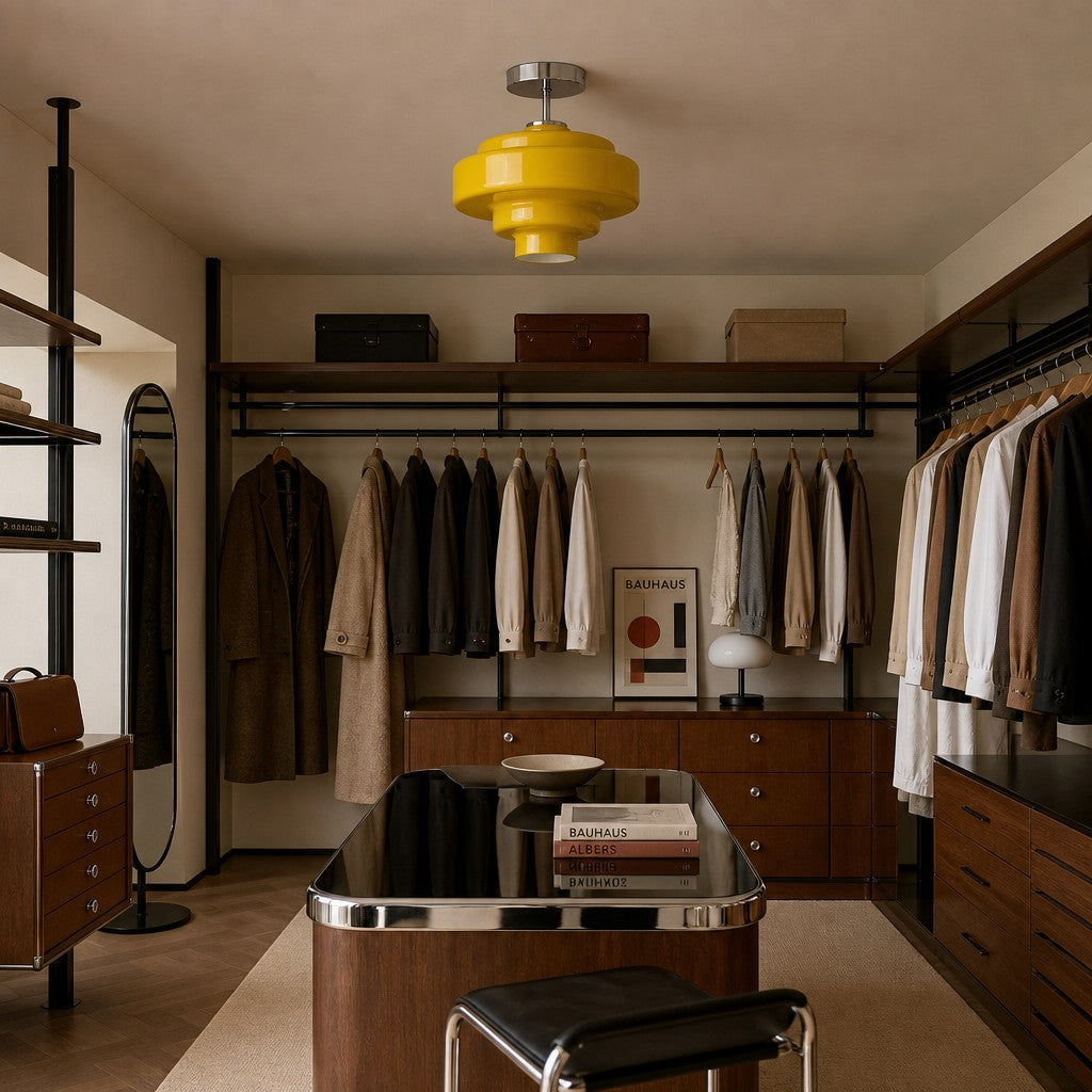 Plafonnier semi-encastré Koloro - Abat-jour rond en verre superposé, style rétro moderne, pour couloir et vestiaire | Esilora