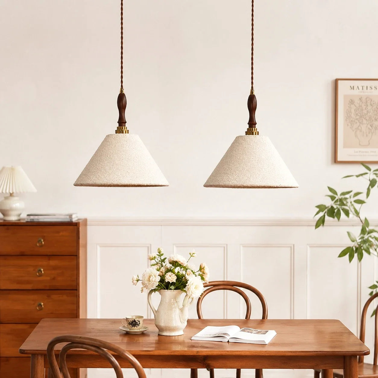 Lampada a sospensione vintage francese in tessuto color crema | Esilora
