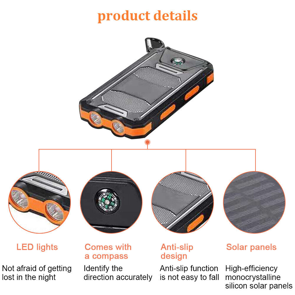 Solar Charger 10,000mAh with Dual USB Ports and LED Light - Esilora