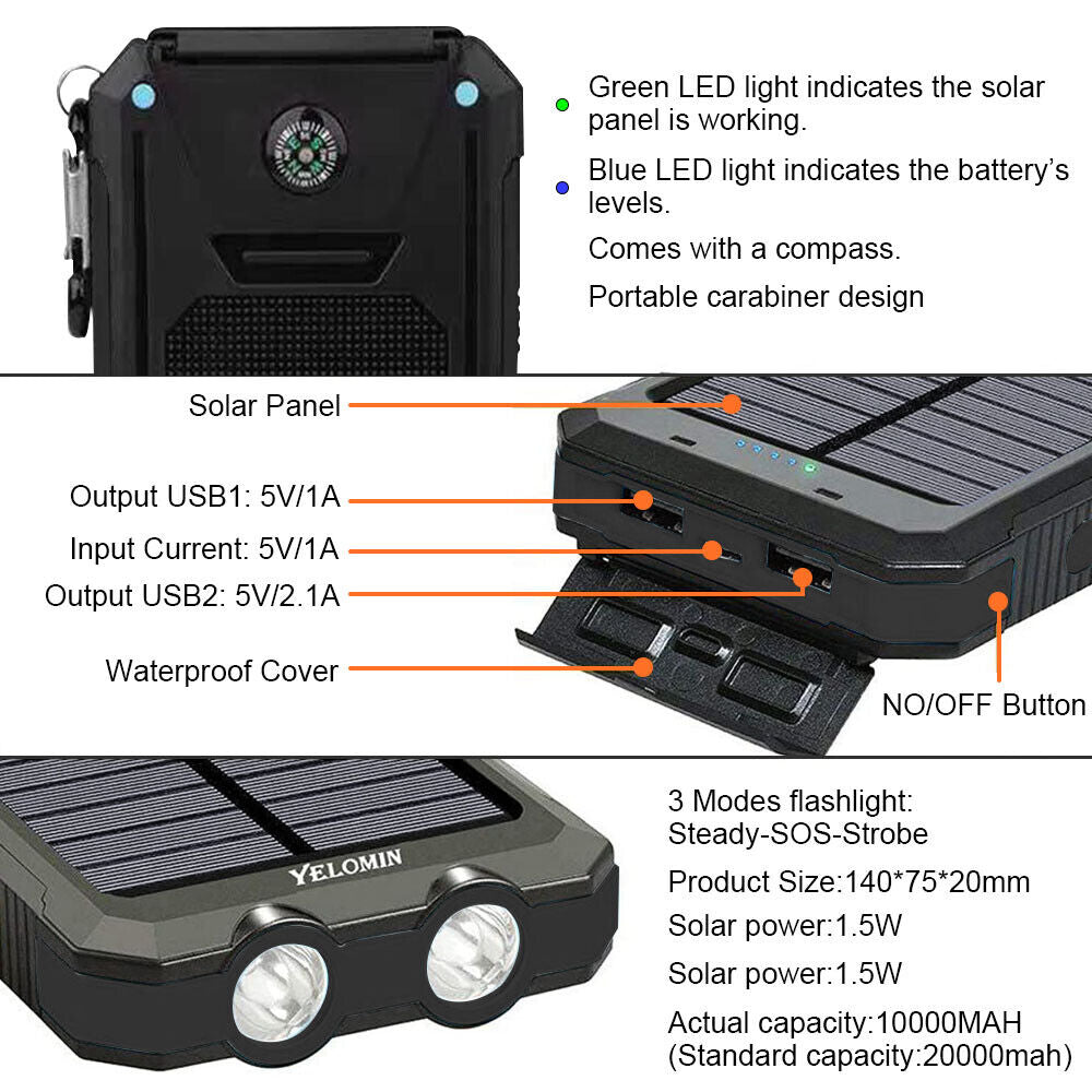 Solar Charger 10,000mAh with Dual USB Ports and LED Light - Esilora