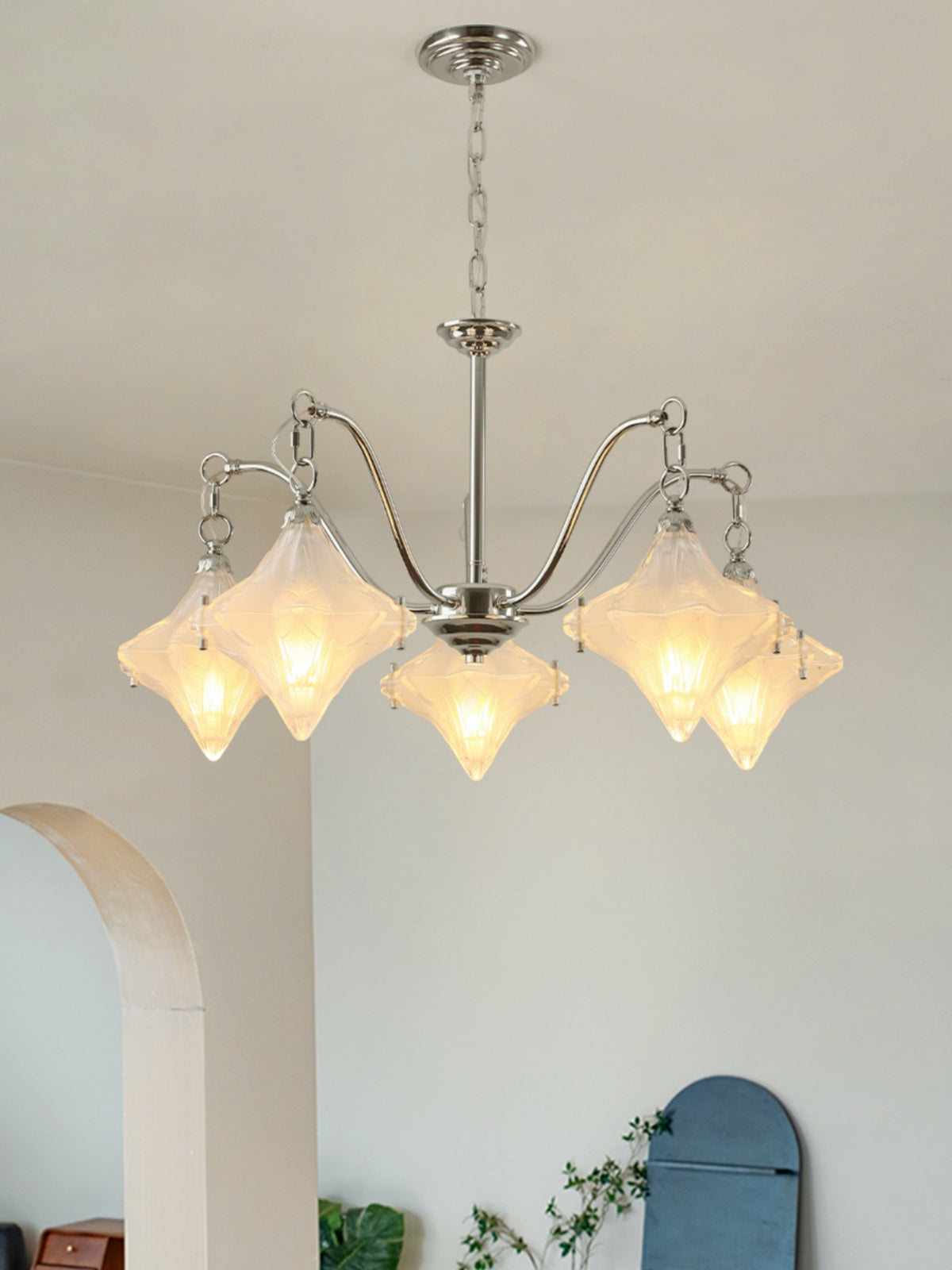 Art Deco Star Chandelier – Frosted Glass Deco Fixture for Dining Room – Astris Vega | Esilora