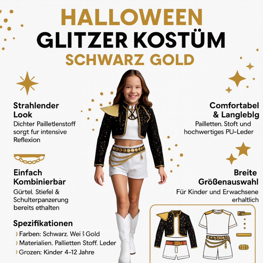 Schwarz-goldenes Glitzerkostüm — Zweiteiliges Damen-Set