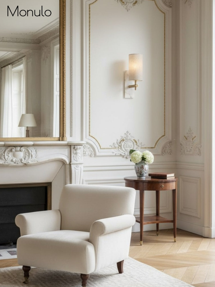 Mavora Leinen-Schirm Wandlampe mit Steinrückplatte – Elegante Schlafzimmer-Wandlampe | Esilora