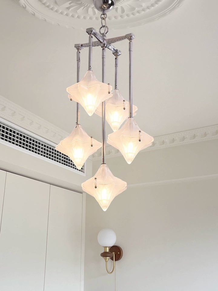 Art Deco Star Chandelier – Frosted Glass Deco Fixture for Dining Room – Astris Vega | Esilora