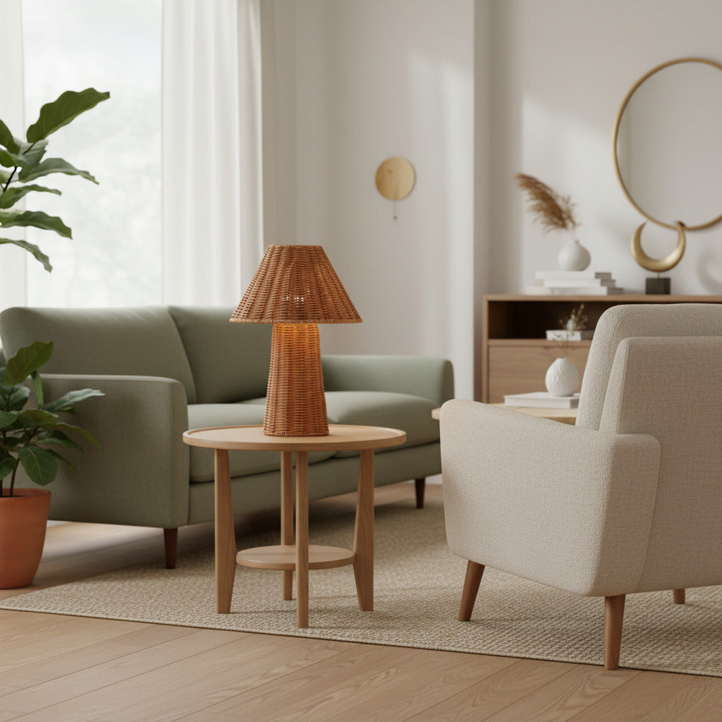 Wickara Skulpturale Rattan-Mini-Tischlampe - Natürliche gewebte Oberfläche, geeignet für Beistelltische & Eingangsbereiche | Esilora