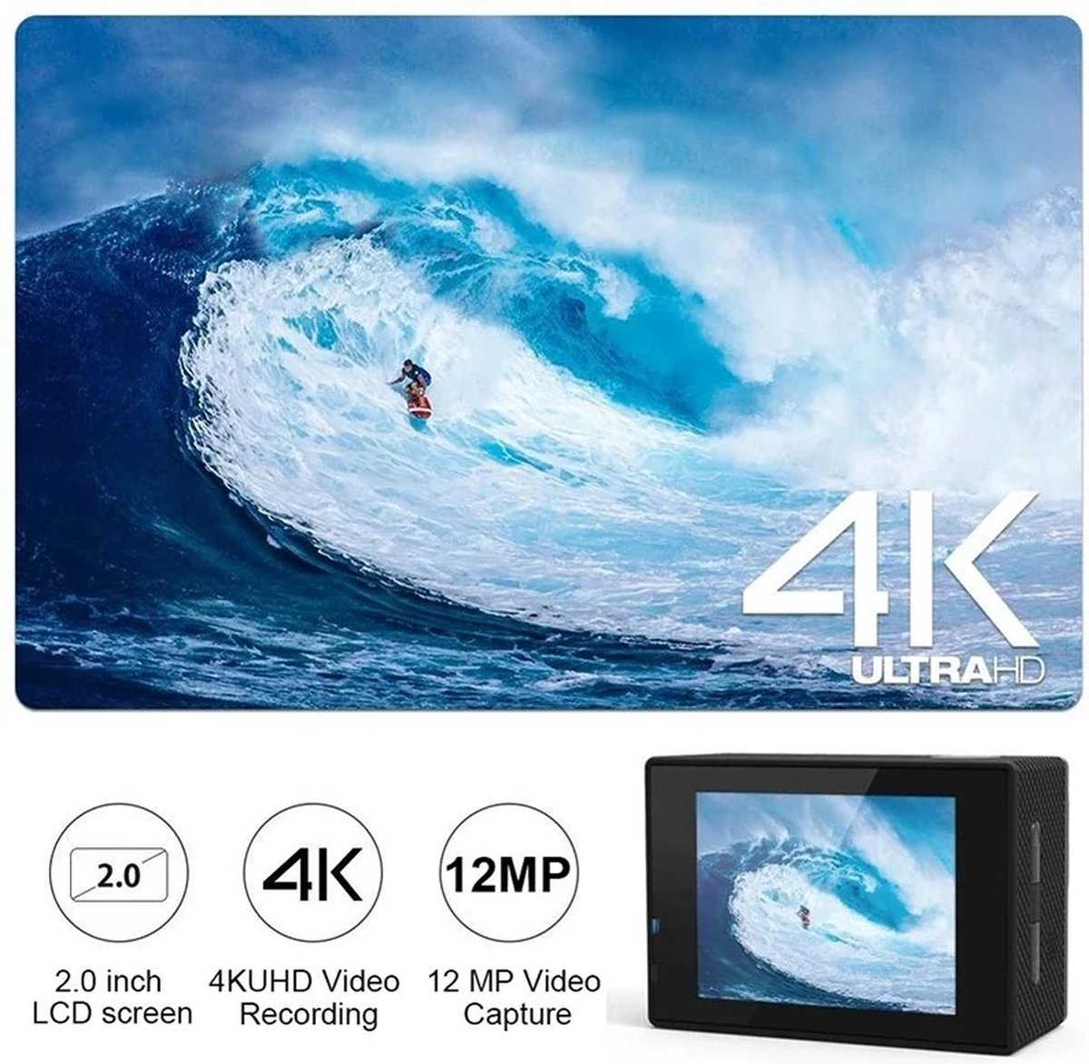 4K-actionkamera — 20MP-fotos, 60FPS-video, vandtæt ned til 30 m