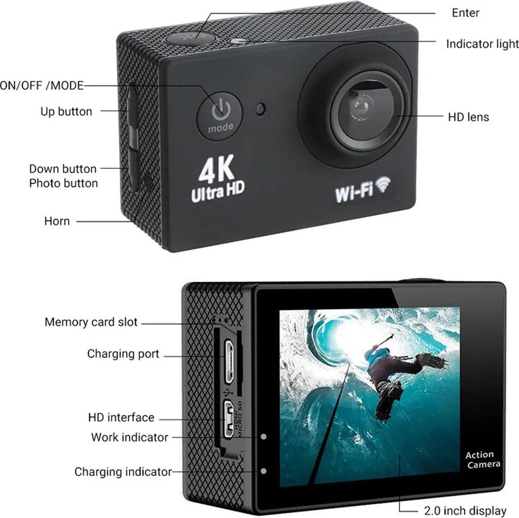 4K-actionkamera — 20MP-fotos, 60FPS-video, vandtæt ned til 30 m