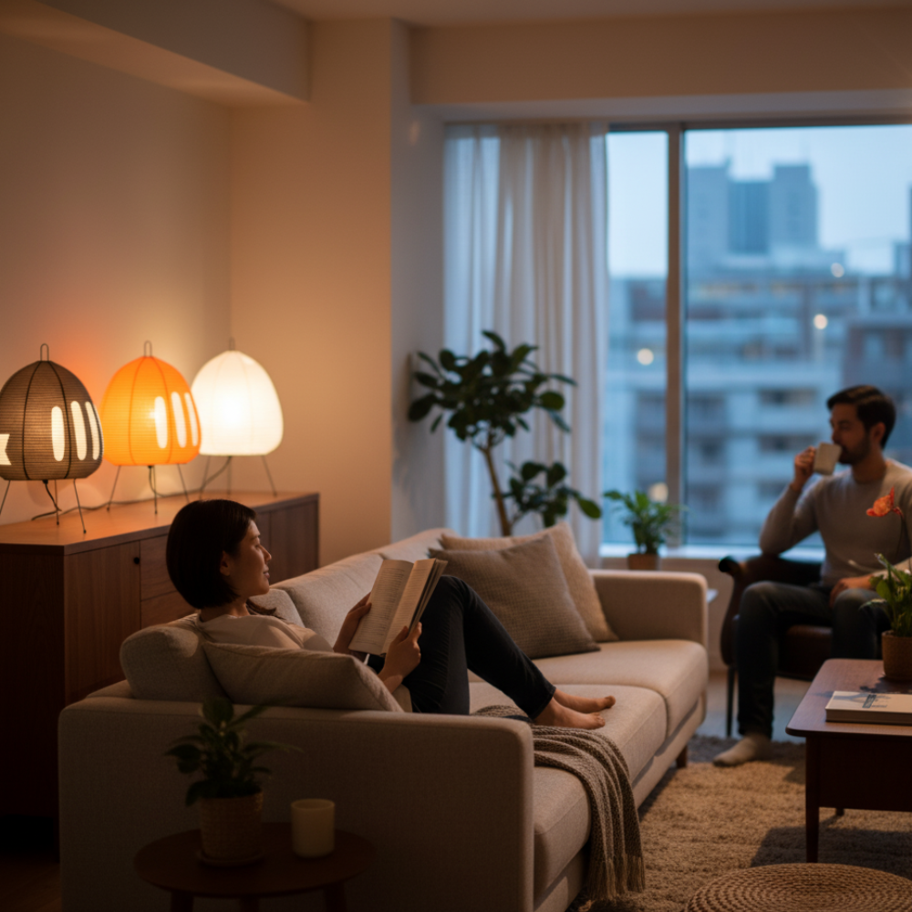 Minimalistická stolní lampa v japonském stylu — železná základna, stínidlo z rýžového papíru