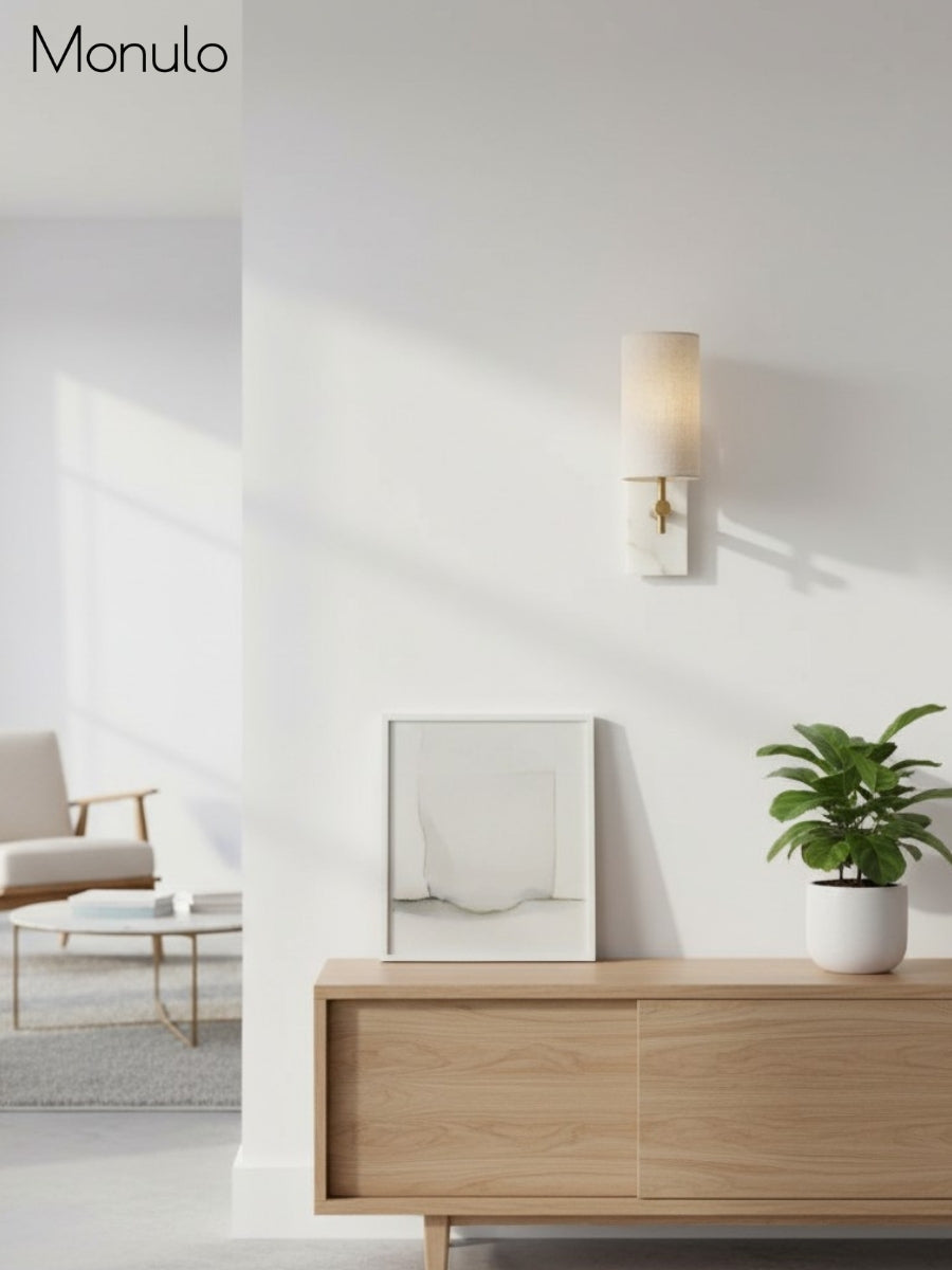 Mavora Leinen-Schirm Wandlampe mit Steinrückplatte – Elegante Schlafzimmer-Wandlampe | Esilora