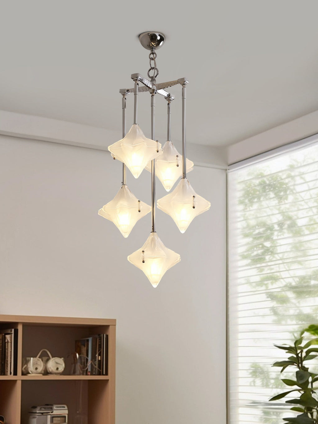 Art Deco Star Chandelier – Frosted Glass Deco Fixture for Dining Room – Astris Vega | Esilora