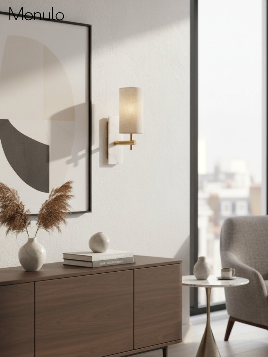 Mavora Leinen-Schirm Wandlampe mit Steinrückplatte – Elegante Schlafzimmer-Wandlampe | Esilora