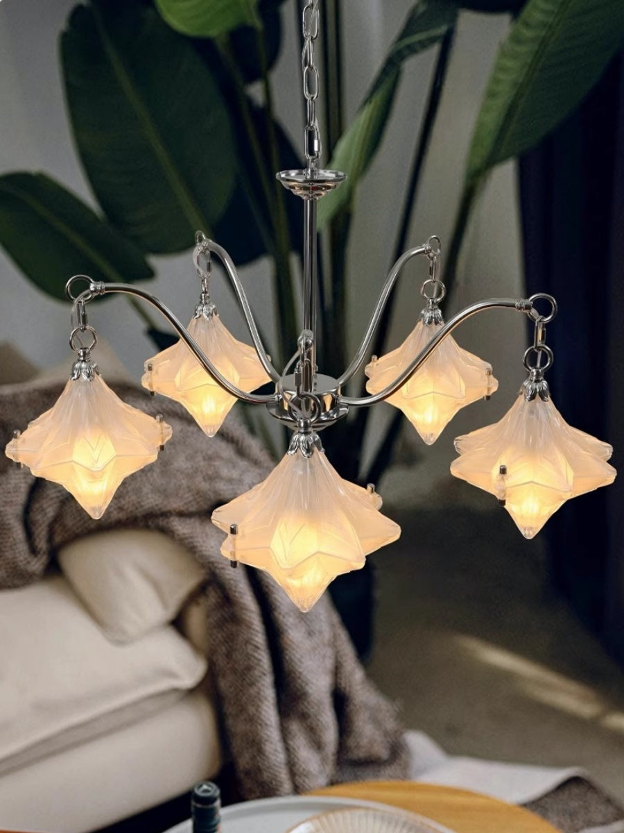 Art Deco Star Chandelier – Frosted Glass Deco Fixture for Dining Room – Astris Vega | Esilora