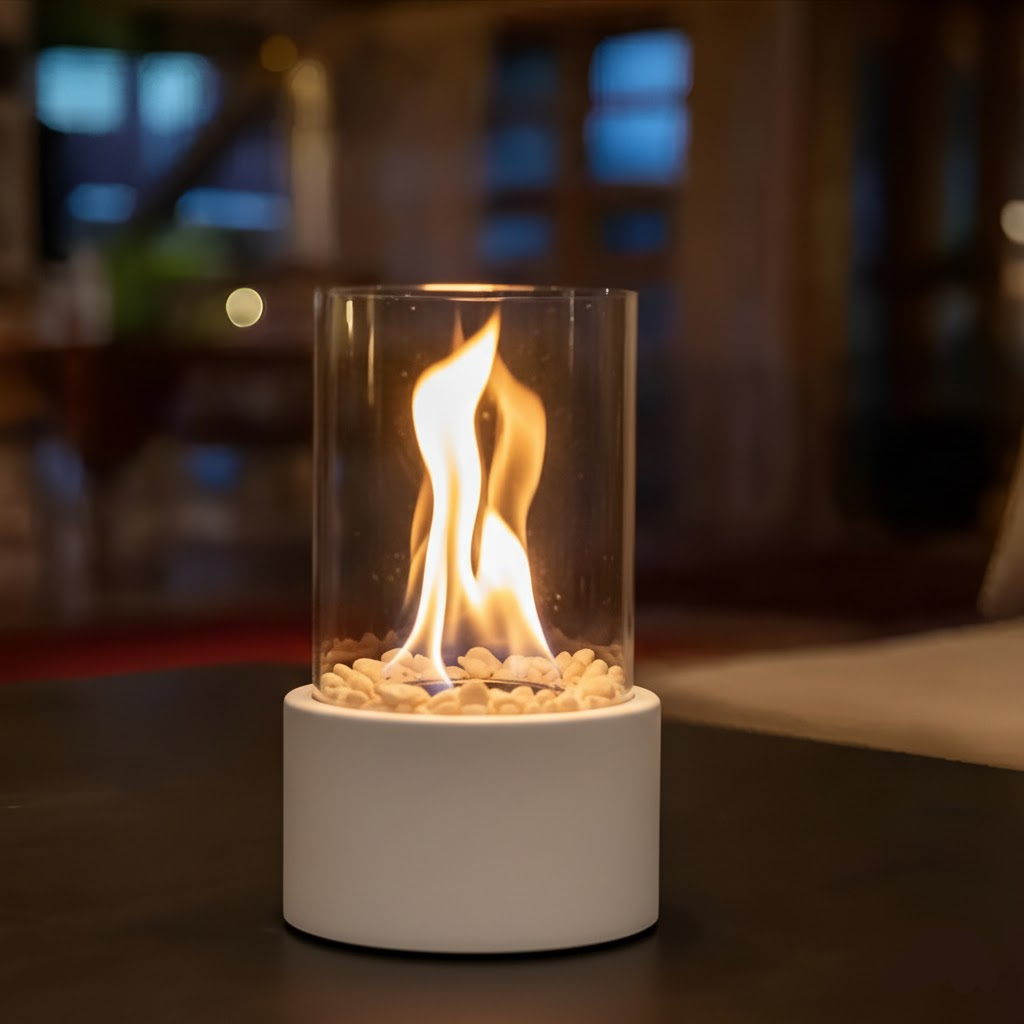 Smokeless Bioethanol Tabletop Fireplace — Modern Glass & Metal Frame