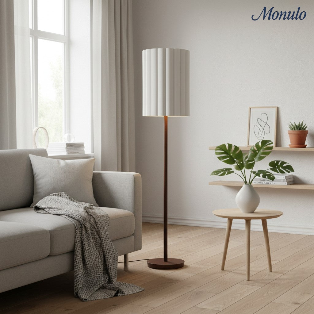 Linbron golvlampa med neutral tygskärm och trästruktur – minimalistisk modern golvlampa för vardagsrum och arbetsrum | Esilora