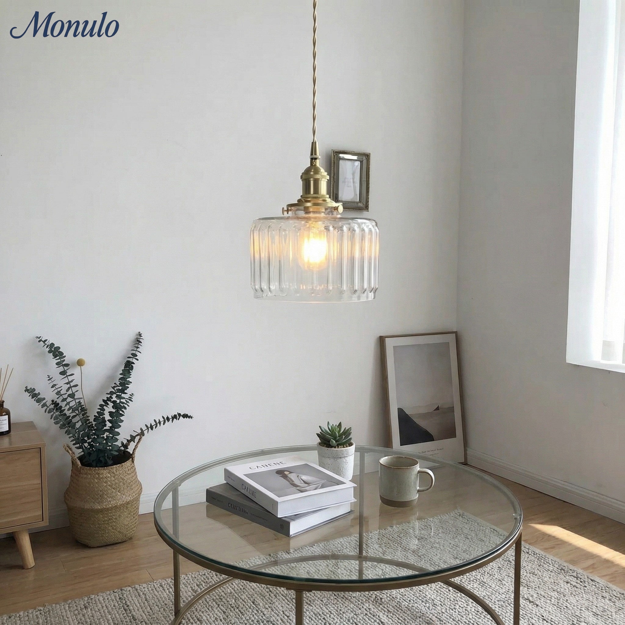 Japansk enkel vintagependel i messing og ribbet cylindrisk glas | Esilora