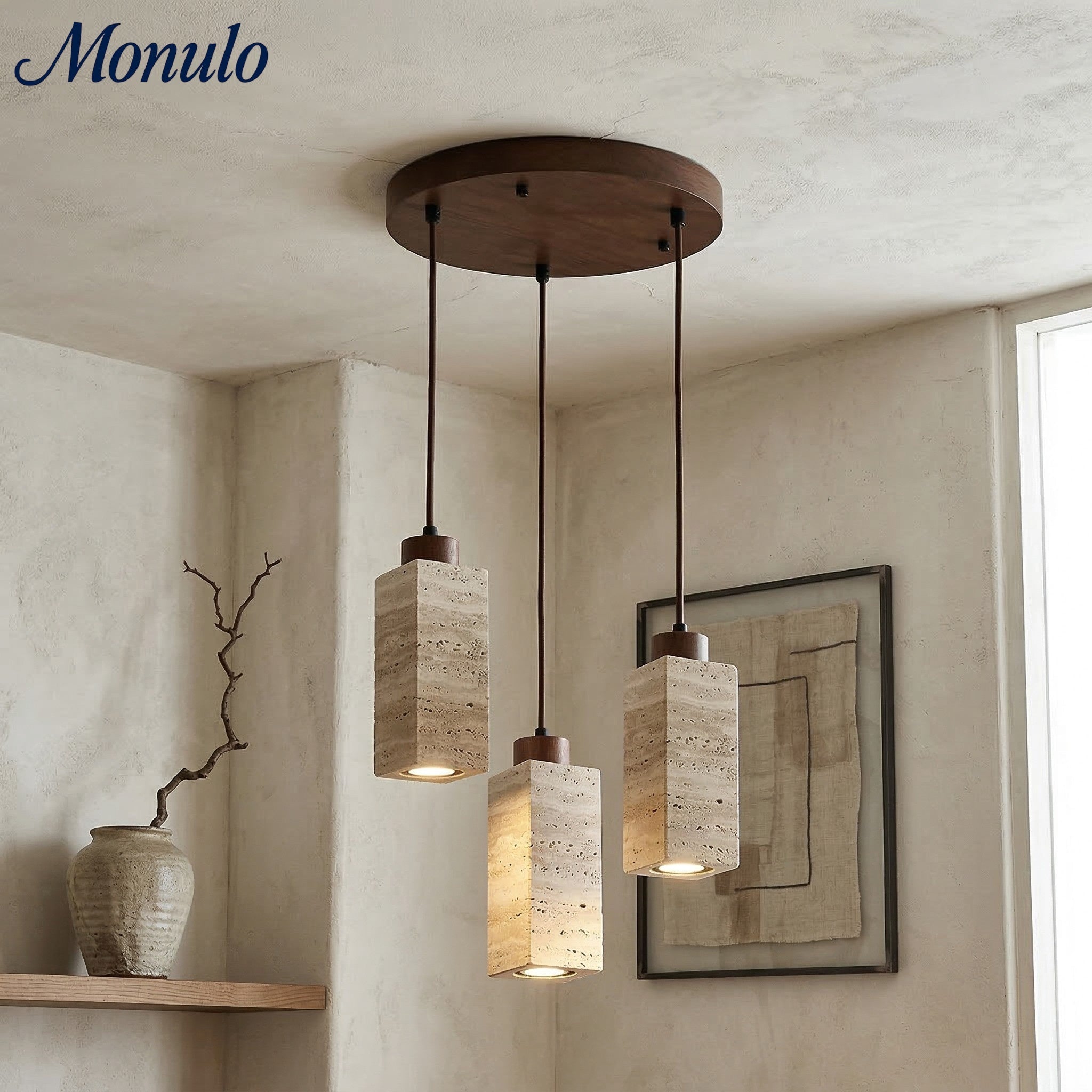 Wabi Sabi Solid Wood Travertine Stone Pendant Light M37 | Esilora