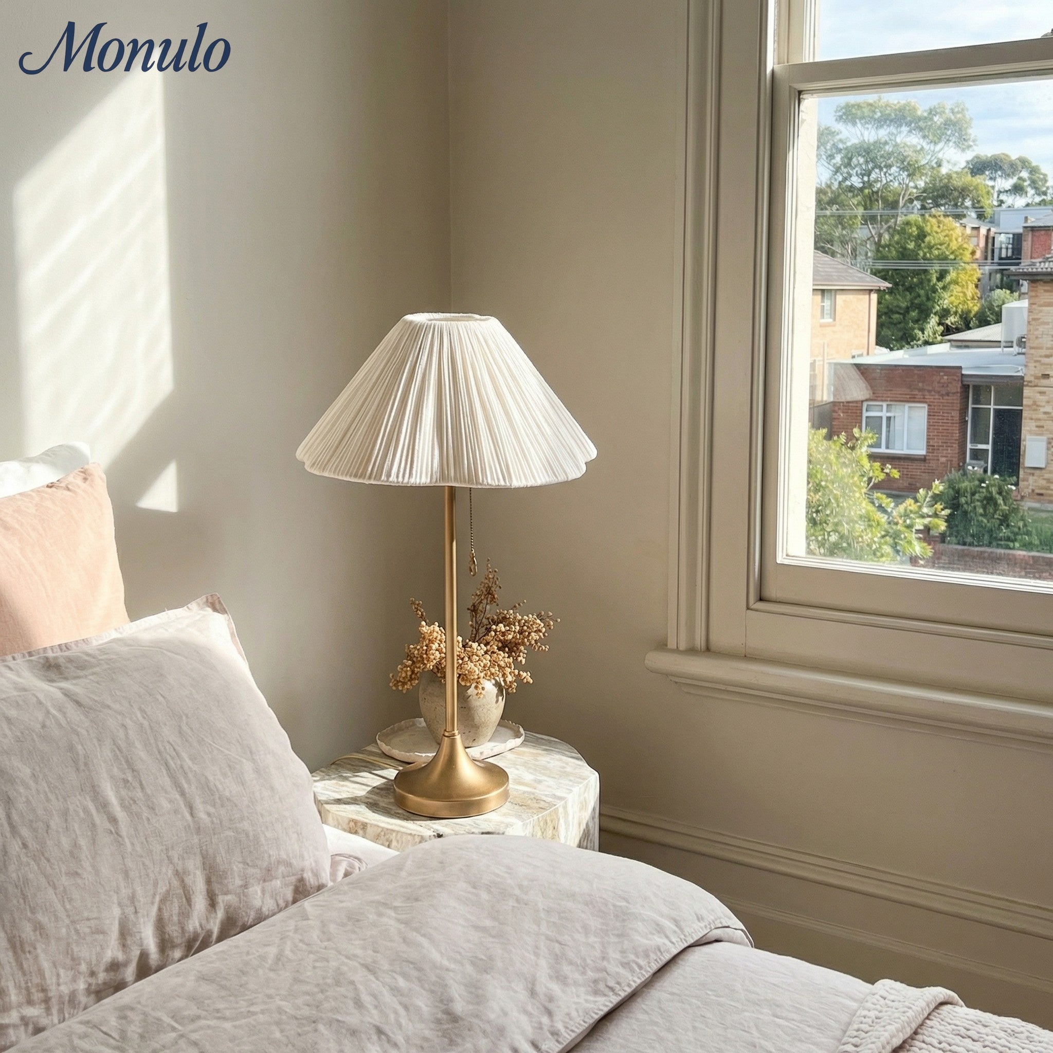 Blossine Elegant Scalloped Linen Table Lamp – Modern Lamp for Bedroom | Esilora