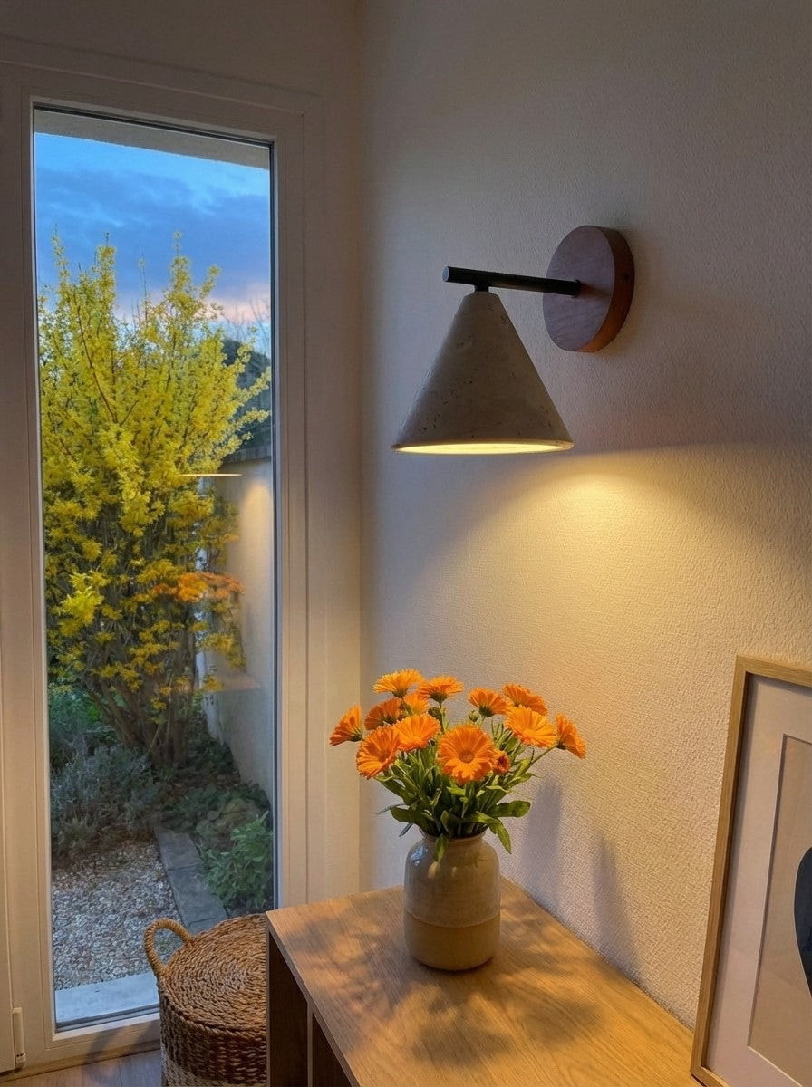 Modern Tapered Travertine Wall Sconce - Minimalist Accent Lighting for Bedroom | Esilora