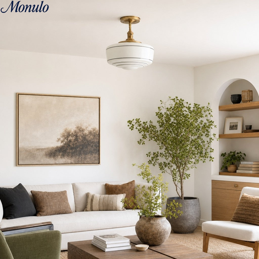 Kalvora Mid-Century Round Ceiling Light with Glass Shade - Indoor Flush Mount Light for Bedrooms and Corridors | Esilora