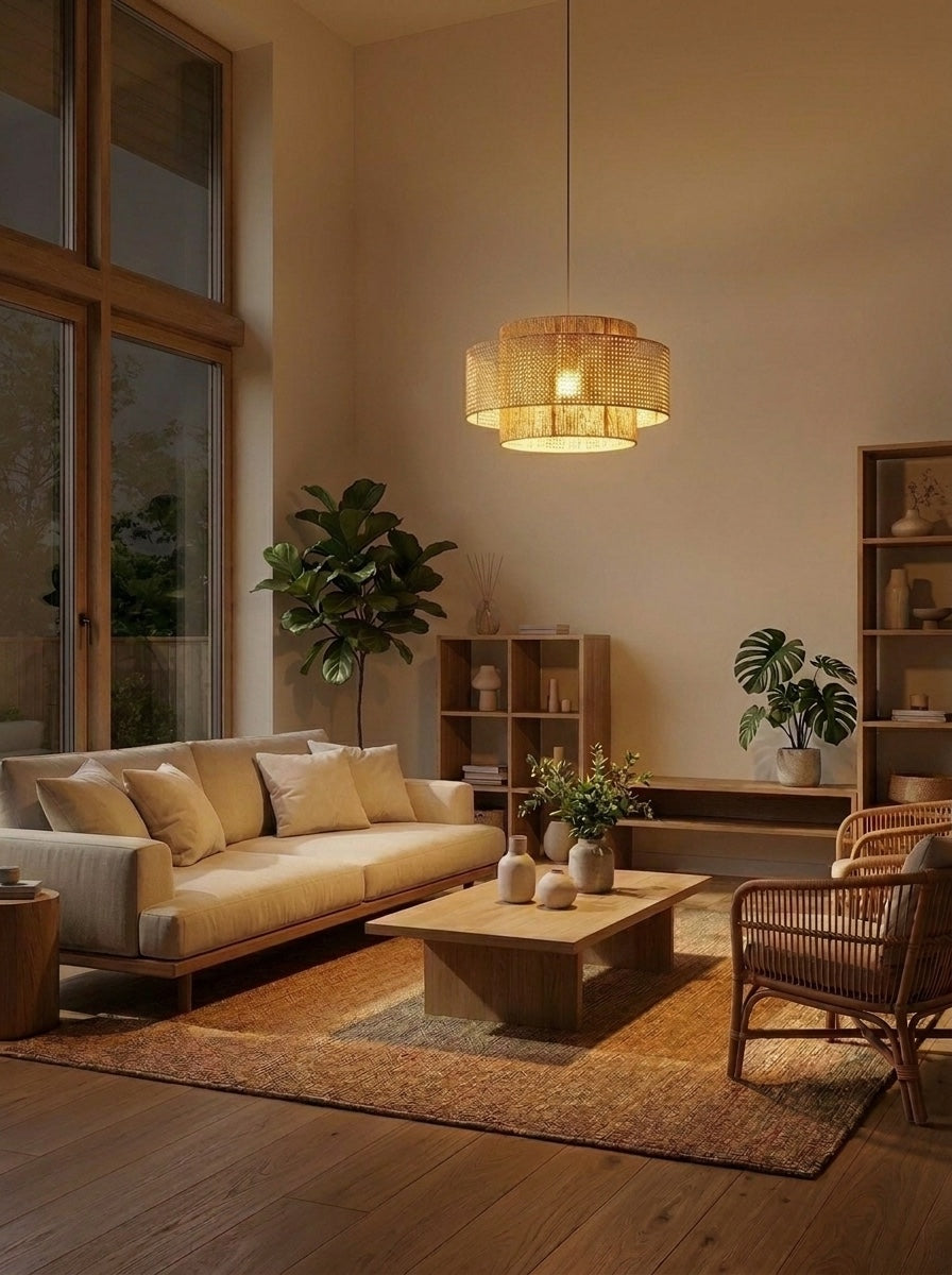 Rustic Japanese Wabi-Sabi Style Hemp Rope Rattan Drum Shape Zen Pendant Light | Esilora