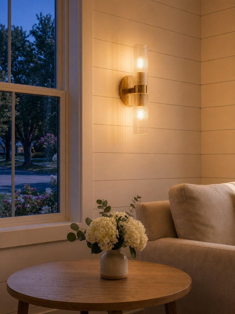 Rivora Ribbed Glass Tube Double Wall Lamp – Contemporary Wall Lighting for Entryway | Esilora