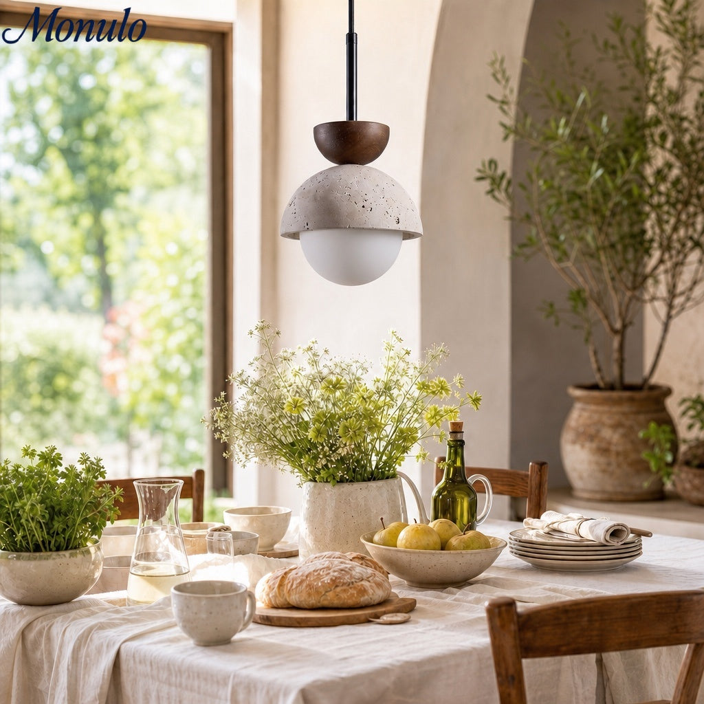 Modern Minimalist Hemisphere Travertine Wood Pendant Lamp | Esilora