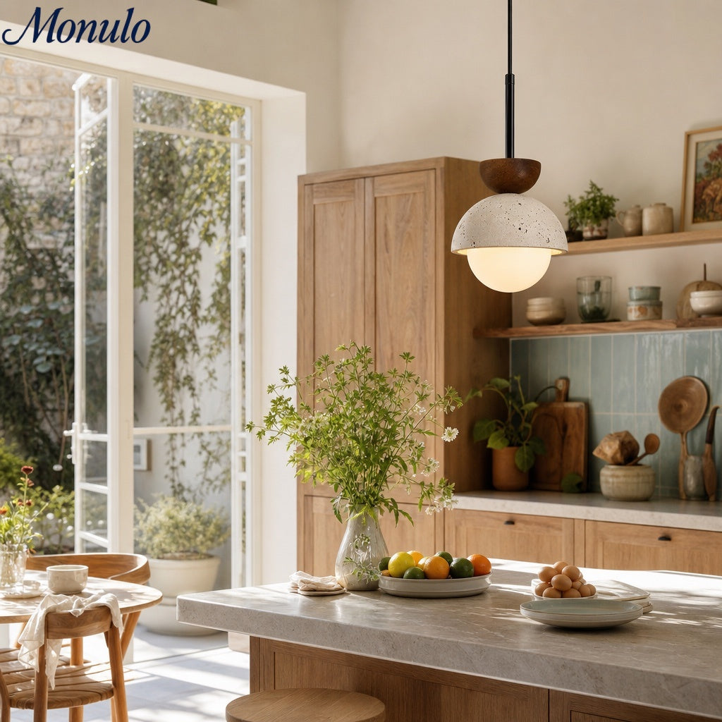 Modern Minimalist Hemisphere Travertine Wood Pendant Lamp | Esilora