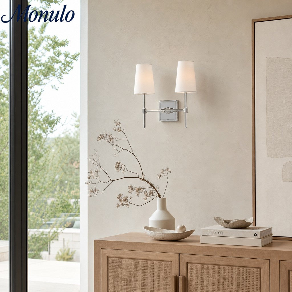 Rowan Elegant White-Linen Shade Wall Lamp – Retro Metal Wall Light for Bedroom & Hallway | Esilora