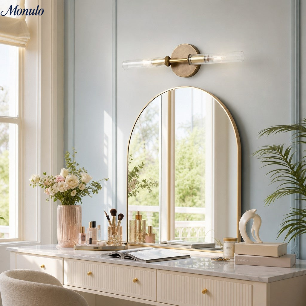 Bravira Glass Tube Wall Sconce - Classic Ribbed Brass Tube Lighting | Esilora