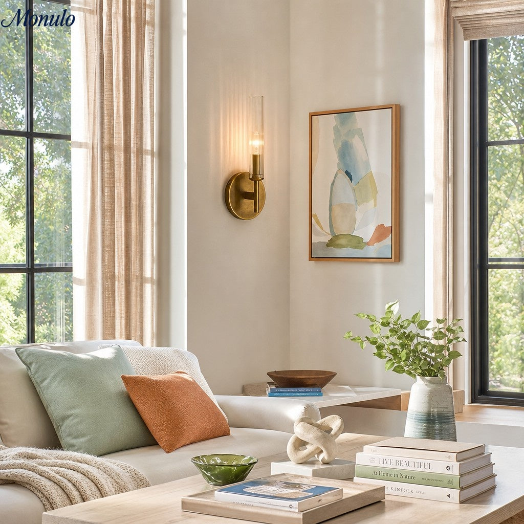 Bravira Glass Tube Wall Sconce - Classic Ribbed Brass Tube Lighting | Esilora