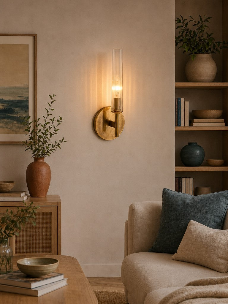 Bravira Glass Tube Wall Sconce - Classic Ribbed Brass Tube Lighting | Esilora