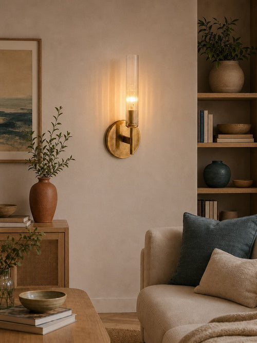 Bravira Glass Tube Wall Sconce - Classic Ribbed Brass Tube Lighting | Esilora