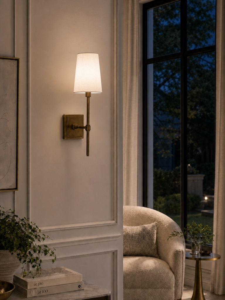Rowan Elegant White-Linen Shade Wall Lamp – Retro Metal Wall Light for Bedroom & Hallway | Esilora