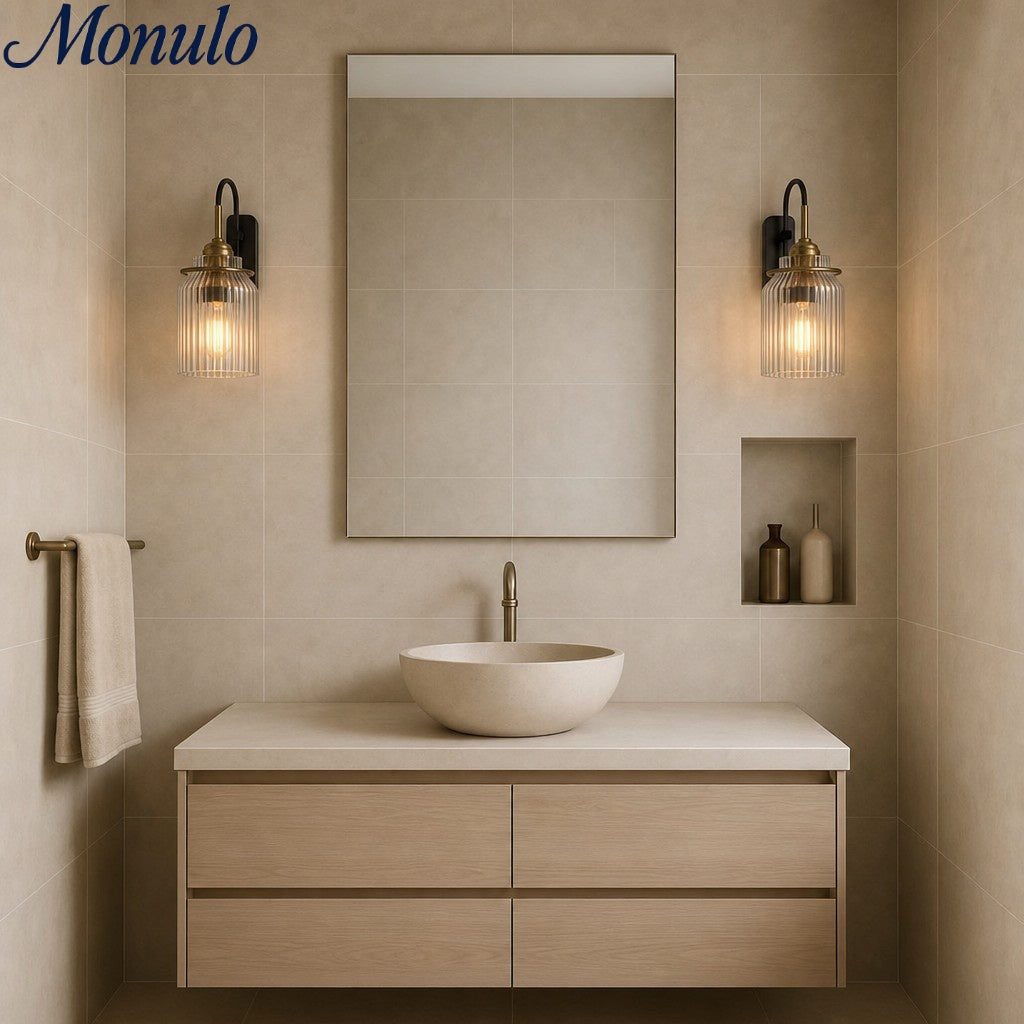 Modern Ribbed Brass and Glass Wall Sconce - Vanity Light for Bathroom Mirrors | Esilora