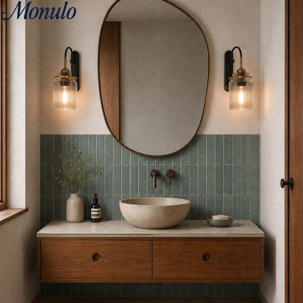 Modern Ribbed Brass and Glass Wall Sconce - Vanity Light for Bathroom Mirrors | Esilora